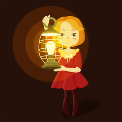 A cute little girl in a red dress is holding a glowing Christmas lantern. The girl went out to meet in the darkness with a lamp.