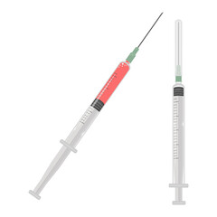 Fototapeta premium Two thin plastic medical syringes. An insulin syringe with red medications and empty. Medical equipment for injections and vaccinations. Vector illustration on a white background