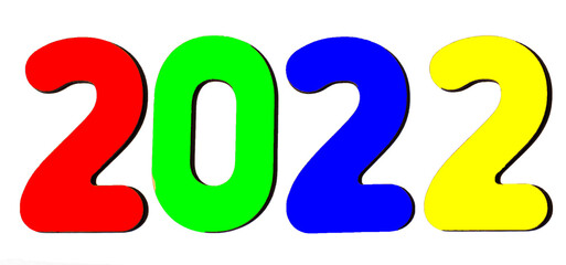 Number 2022. Each number has a different color: red, green, blue, yellow. Isolated on white background
