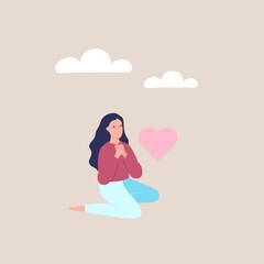 Obraz premium A happy and peaceful woman is sitting. The girl is in love. The girl dreams of good things. Psychology concept