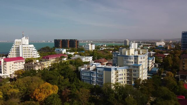 The resort of the Black Sea coast city of Anapa, Russia. A place of summer vacation. Top view 4k drone video