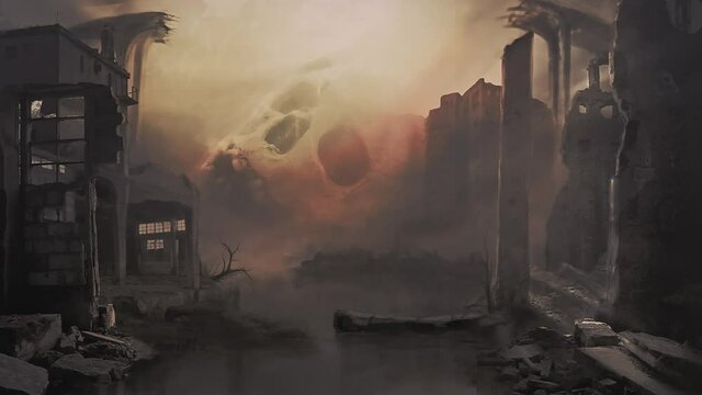 City ruins with skull in the background. Cinematic illustration. Symbol of war, death, destruction.