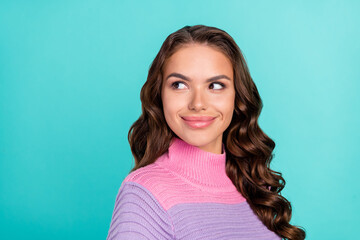 Obraz premium Profile photo of cool brunette young lady look empty space wear striped pullover isolated on teal color background
