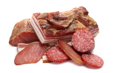 Salami sausage slices, smoked bacon and smoked pork loin isolated on white background