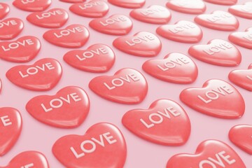 Red Hearts with word love in rows. Valentines day concept. 3d render. - 472258293