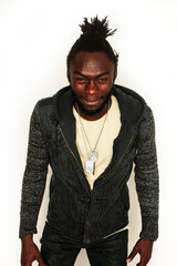 young handsome african american man gesturing emotional posing isolated on white background stylish hipster. youth concept