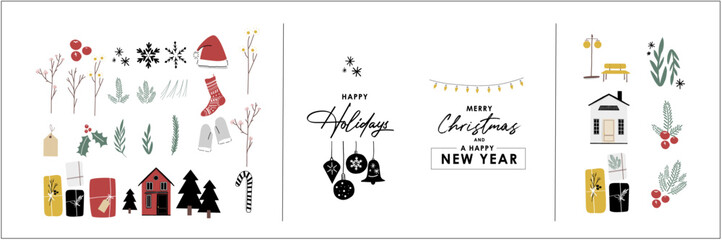 Christmas, Winter holiday graphic element set. Winter plants and berry with placeholder typography. Bundle elements of leaf, ornaments and text. Seasonal party invitation, greetings, corporate email 