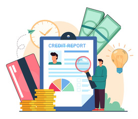 Check of credit history by tiny man with magnifying glass. Online analysis of documents and report information for person in mobile application flat vector illustration. Finance, credit review concept
