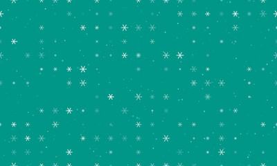 Seamless background pattern of evenly spaced white astrological sextile symbols of different sizes and opacity. Vector illustration on teal background with stars