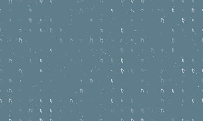 Seamless background pattern of evenly spaced white astrological saturn symbols of different sizes and opacity. Vector illustration on blue gray background with stars