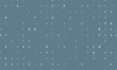 Seamless background pattern of evenly spaced white astrological neptune symbols of different sizes and opacity. Vector illustration on blue gray background with stars