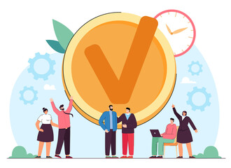 Team of business people finishing work with success. Tiny male and female corporate managers with checkmark of good job flat vector illustration. Well done job, effective task management concept