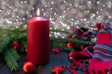 Christmas Decorations With Red Candle And Defocused Lights