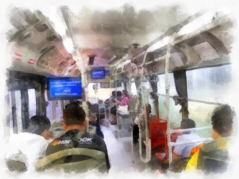 inside public bus watercolor style illustration impressionist painting.