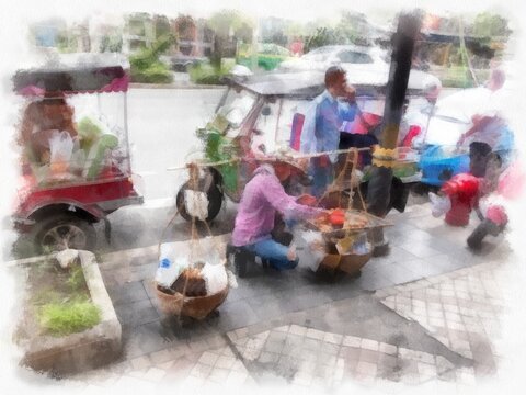 Hawkers selling toasted eggs in Bangkok watercolor style illustration impressionist painting.