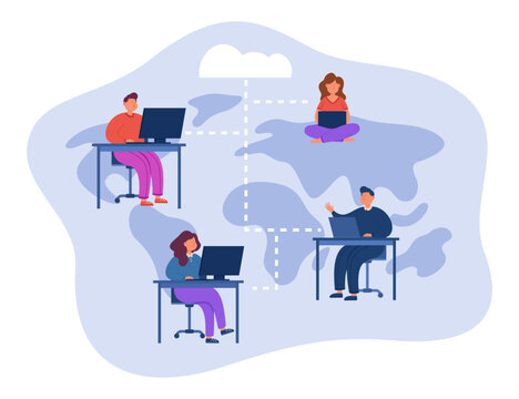 Remote team of cartoon employees sharing data via cloud system. Company people working on computers, storage management flat vector illustration. Teamwork, workforce, remote work concept for banner