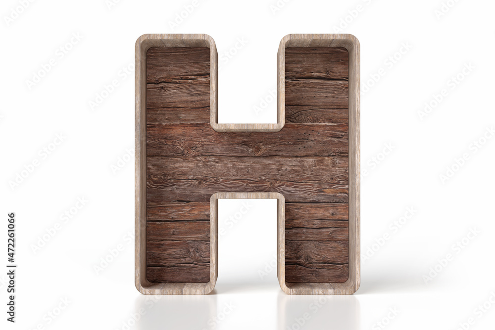 Poster home decor rustic wooden shelving unit in the shape of letter h with empty spaces to display product