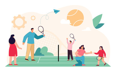 Juniors players playing tennis with rackets in sport summer camp. Group of happy children and adults training on court flat vector illustration. Tennis academy, physical activity outdoor concept