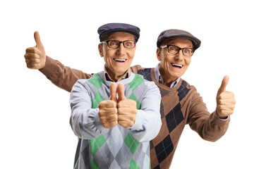 Happy elderly male twins showing thumbs up - obrazy, fototapety, plakaty