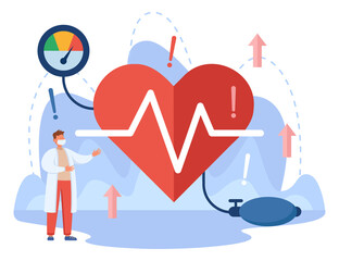 Tiny doctor and heart of patient with high blood pressure. Medical checkup at hospital or clinic, risk of cholesterol or cardiovascular disease flat vector illustration. Cardiology, health concept - obrazy, fototapety, plakaty