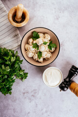 dumplings with meat, herbs on a light stone background