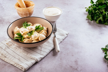 dumplings with meat, herbs on a light stone background
