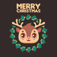 Christmas greeting with a cute smiling reindeer and festive wreath
