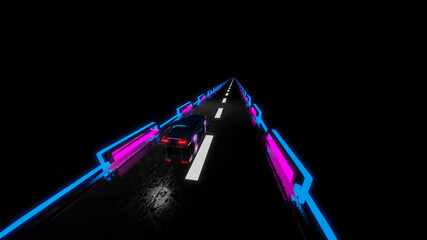 car with neon glow drives along the night highway. 3d render illustration