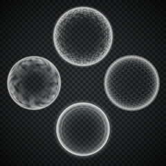 Spherical energy shield set isolated on transparency grid, various force or defense fields, deflector or protective bubble, science fiction element a metaphor of absolute protection or damage immunity