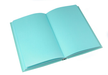 Opened book with blank sheets of green on a white background.