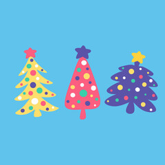 Cartoon Christmas trees set with lights and a star