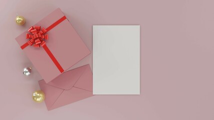 Envelope with empty blank paper and present gift box as festive holiday greeting card or love letter 3D rendering illustration