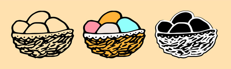 A nest with colored eggs for Easter. A set of hand-drawn doodle-style, multicolored eggs in a yellow nest with a napkin, an isolated black outline and a silhouette on yellow for a design template