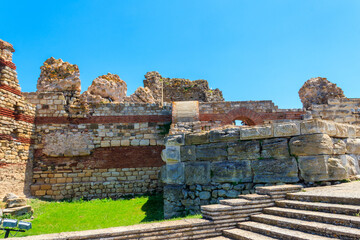 Ancient fortress wall at the entrance of the old town of Nessebar in Bulgaria