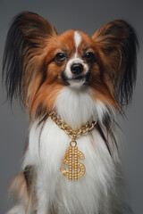 Cheerful doggy with golden dollar chain against gray background