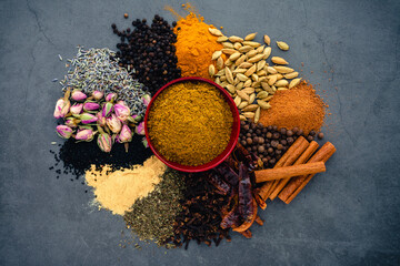 Ras el Hanout Spice Mix Surrounded with its Ingredients: A dish of Moroccan spice blend made of...
