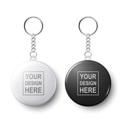 Vector 3d Realistic Blank White and Black Round Keychain with Ring and Chain for Key Isolated on White. Button Badge with Ring. Plastic, Metal ID Badge with Chains Key Holder, Design Template, Mockup - obrazy, fototapety, plakaty