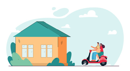 Fototapeta na wymiar Married couple riding moped and looking at new house. Male and female characters having weekend out of town flat vector illustration. Holiday concept for banner, website design or landing web page