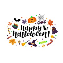Hand drawn vector illustration with black lettering on white background Happy Halloween for banner, event, invitation, celebration, advertising, poster, print, sticker, label, template, home decor
