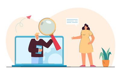 Tiny woman standing near laptop with man holding book and magnifying glass on screen. Girl looking for answer online flat vector illustration. FAQ concept for banner, website design, landing web page