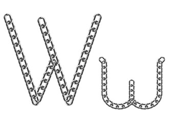 The uppercase and lowercase letter W is made of realistic metallic-colored chains. Isolated on a white background. Vector illustration.