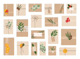 Set of zero waste, eco-friendly packaging gifts. Wrapping present boxes with kraft paper, pine branches, jute, dry orange in rustic style. Christmas gifts. Hand drawn vector illustration