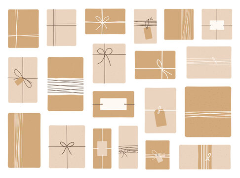 Set of zero waste, eco-friendly packaging gifts. Wrapping present boxes with kraft paper and twine ribbon. Eco decor in pastel colors. Hand drawn vector illustration