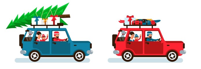 Family car going to the Christmas holidays. Family riding car with christmas tree on roof rack. Vector illustration.