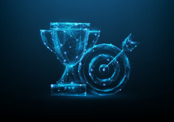 business trophy low poly wireframe. reward winner cup consisting of points, lines, and triangle. isolated on blue dark background. Business goal to success. forgot target and bullseye.