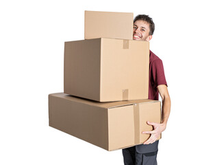 Delivery man with parcels . Handsome happy young delivery man holding cardboard boxes and smiling at camera isolated on white