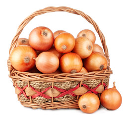 Onions in basket isolated on a white background