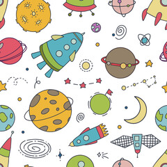 Vector seamless pattern with outer space, planets and flying machines.