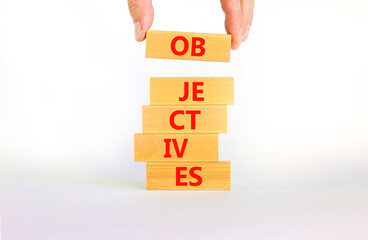 Objectives symbol. Wooden blocks stacking as step stair on beautiful white background, copy space....