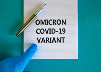 New covid-19 omicron variant strain symbol. Hand in blue glove with white note. Concept words...